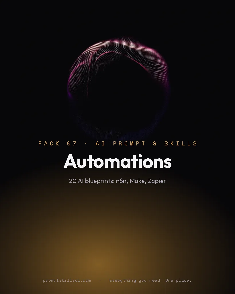 AI Automation Blueprints pack cover &mdash; 20 blueprints · 40 prompts · 10 skills