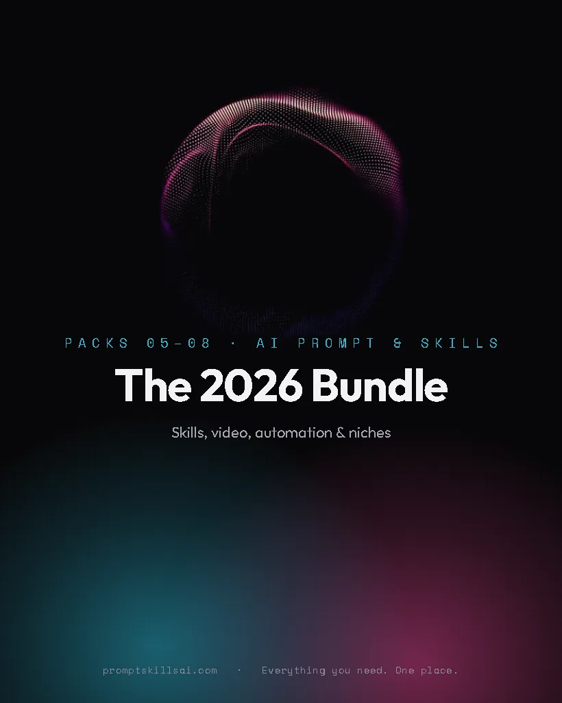 The 2026 Bundle pack cover &mdash; Packs 5–8 · 350 prompts · 72 skills · 20 automations