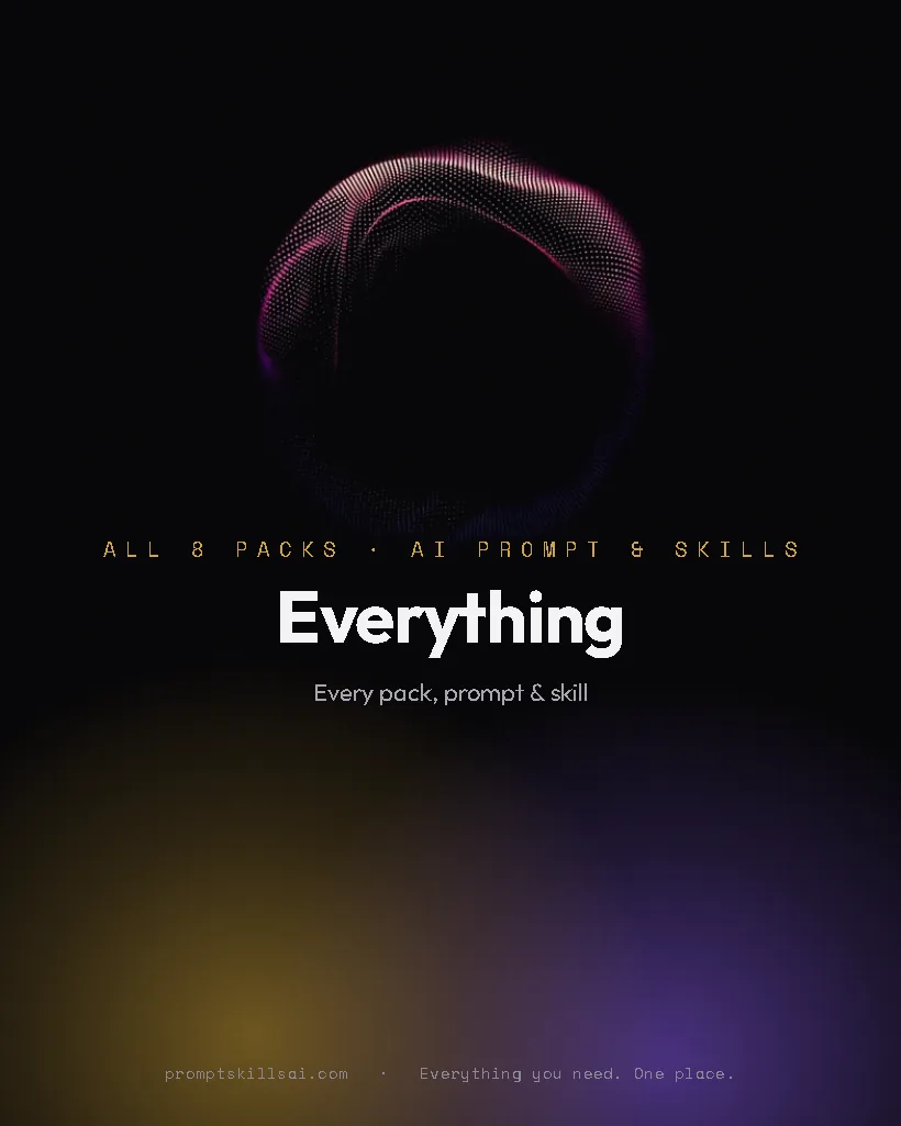 Everything pack cover &mdash; All 8 packs · 673 prompts · 153 skills · 20 automations