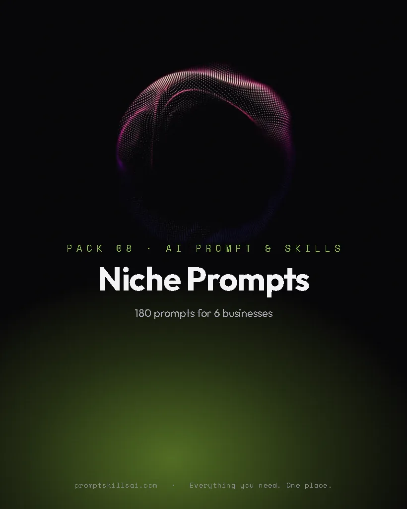 Niche Prompt Packs pack cover &mdash; 180 prompts · 10 skills · 6 playbooks