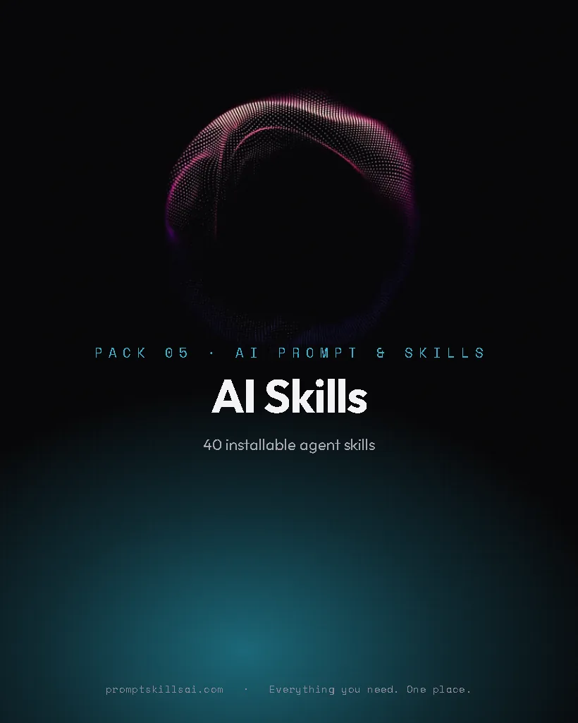 AI Skills pack cover &mdash; 40 skills · 50 prompts