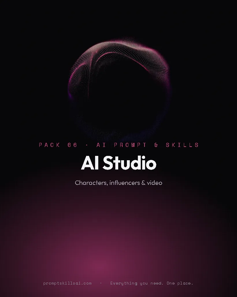 AI Character & Video Studio pack cover &mdash; 80 prompts · 12 skills · 7-day project