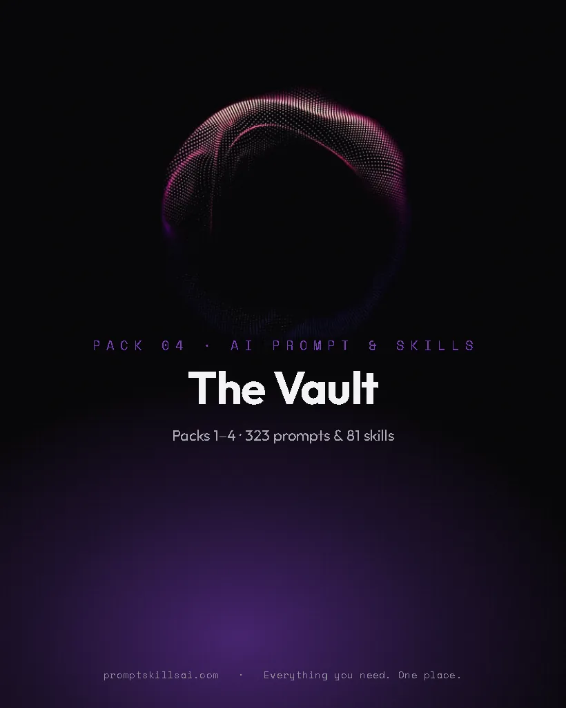 The Vault & Xtras pack cover &mdash; Packs 1–4 · 323 prompts · 81 skills